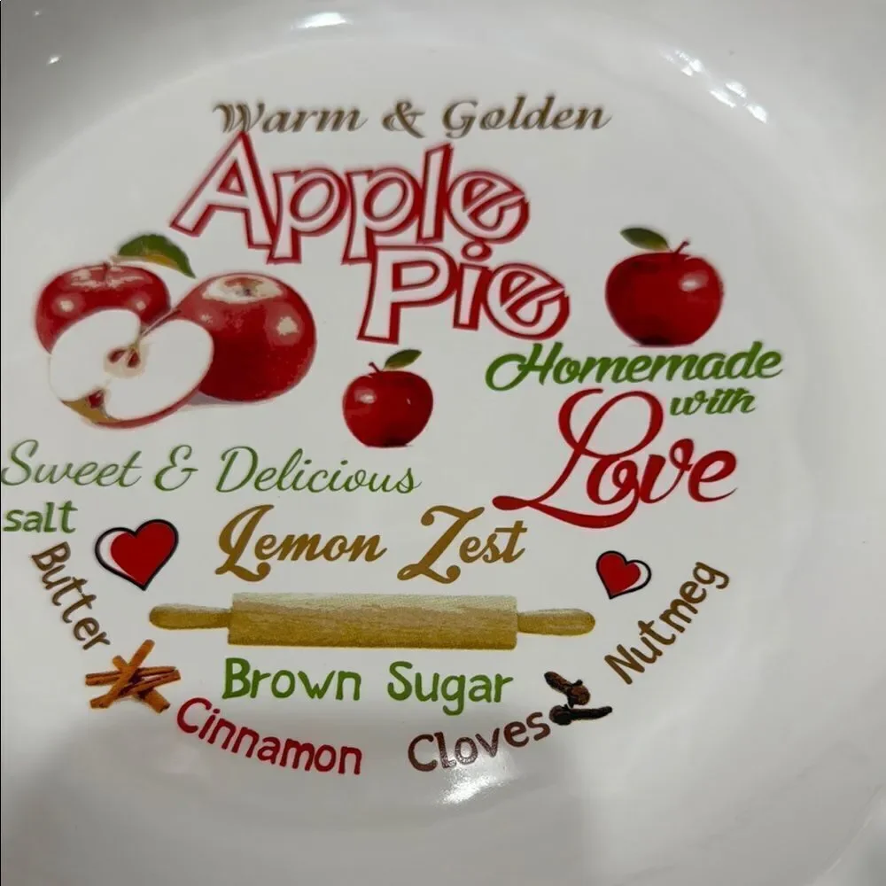 Apple Pie Ceramic Pie Dish 10 X 1 1/2 Inches Warm Golden White Red Fruit